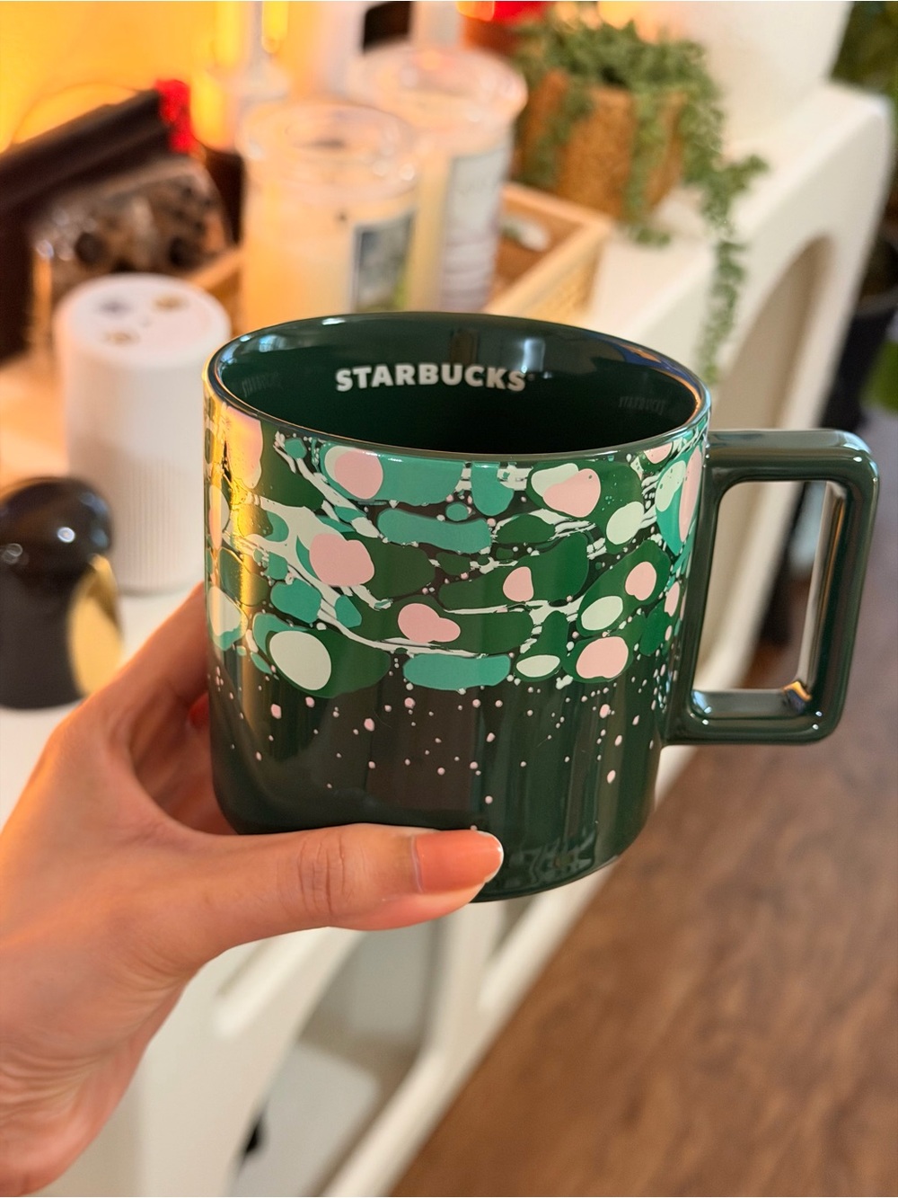 Starbucks 12 oz Dark Green Ceramic Mug with Pink and Mint Marble Accents